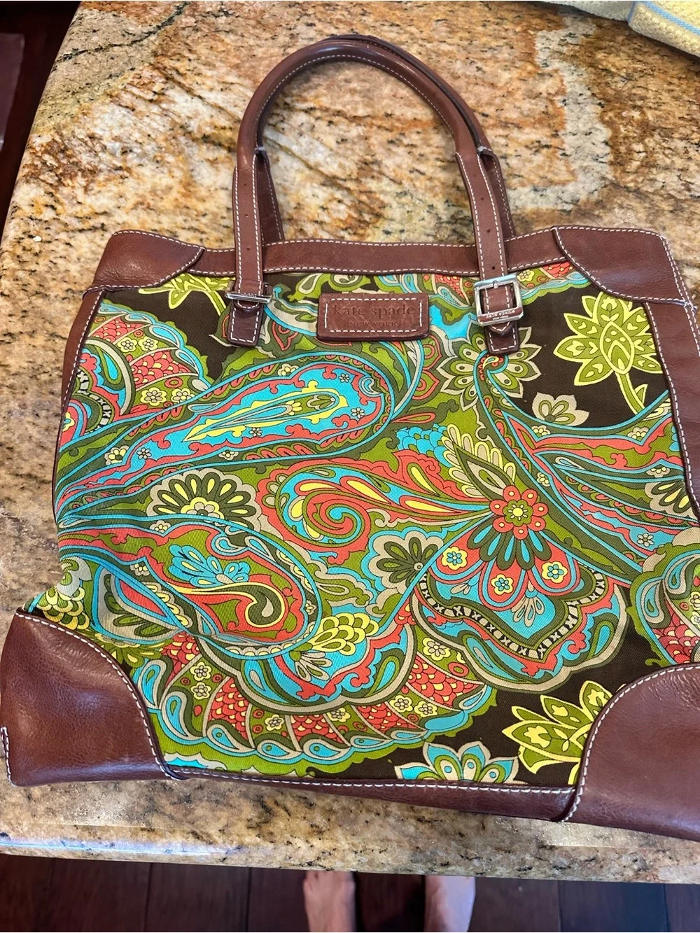 Kate Spade Paisley Canvas Tote with Brown Leather Trim - great condition